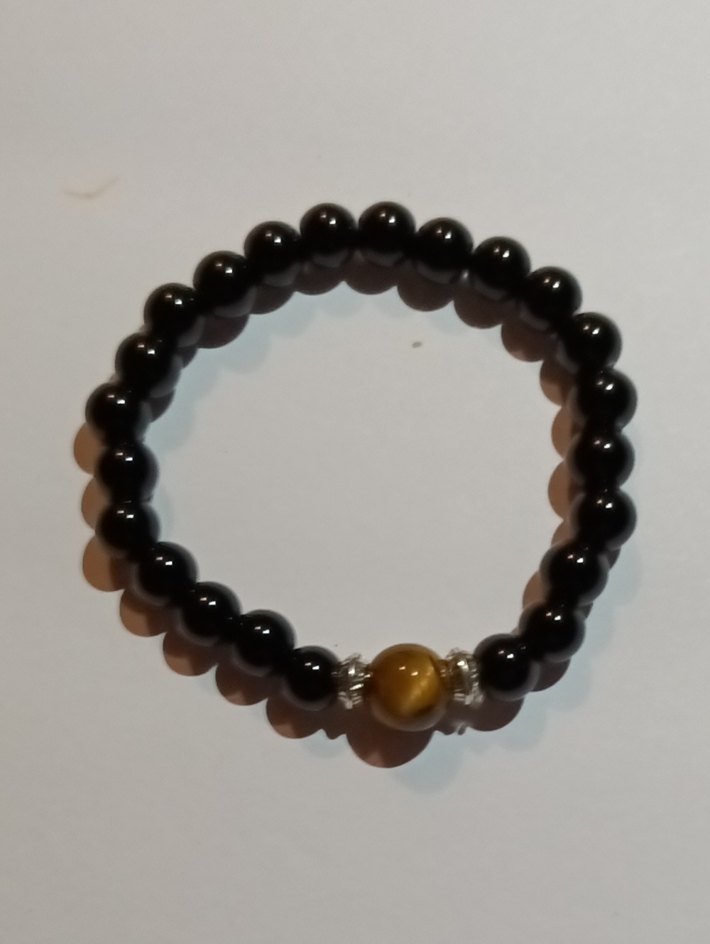 Black Beaded Stretch Bracelet with Tiger Eye Accent